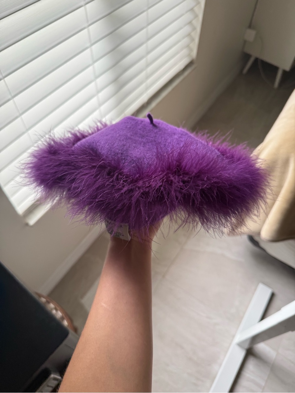 Real Wool Vintage Preston & York Purple Feather-Trim Beret